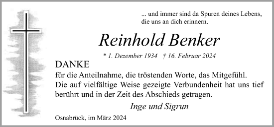 Traueranzeige von Reinhold Benker von Neue Osnabrücker Zeitung GmbH & Co. KG