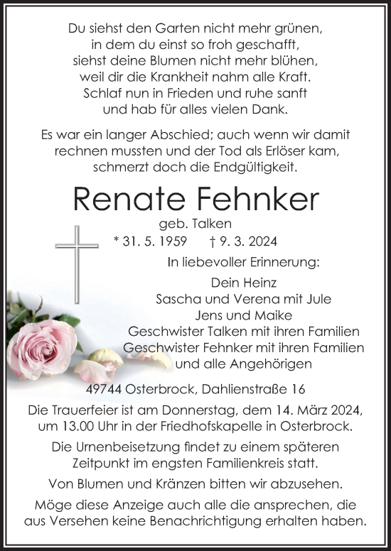Traueranzeige von Renate Fehnker von Neue Osnabrücker Zeitung GmbH & Co. KG