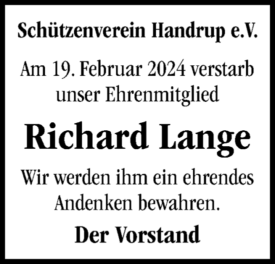 Traueranzeige von Richard Lange von Neue Osnabrücker Zeitung GmbH & Co. KG