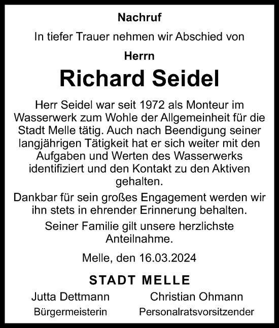 Traueranzeige von Richard Seidel von Neue Osnabrücker Zeitung GmbH & Co. KG