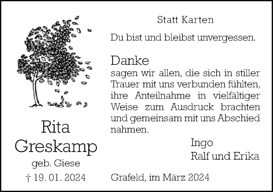 Traueranzeige von Rita Greskamp von Neue Osnabrücker Zeitung GmbH & Co. KG
