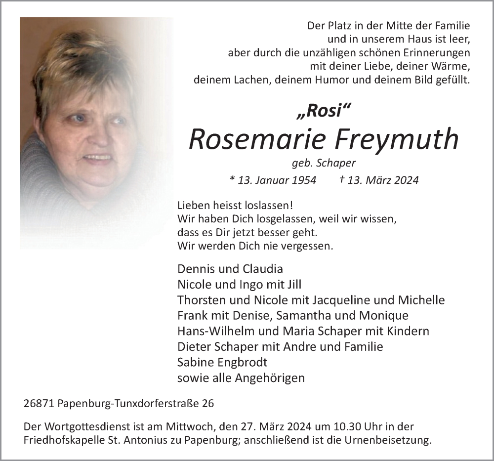  Traueranzeige für Rosemarie Freymuth vom 23.03.2024 aus Neue Osnabrücker Zeitung GmbH & Co. KG