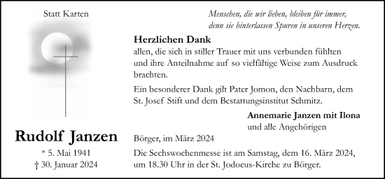 Traueranzeige von Rudolf Janzen von Neue Osnabrücker Zeitung GmbH & Co. KG