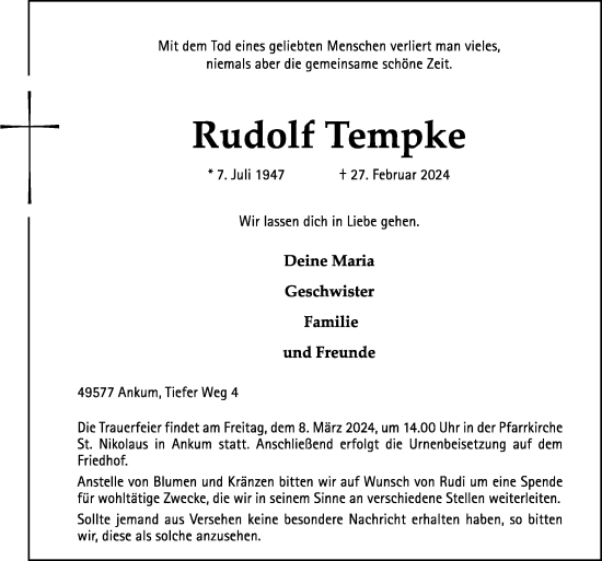 Traueranzeige von Rudolf Tempke von Neue Osnabrücker Zeitung GmbH & Co. KG