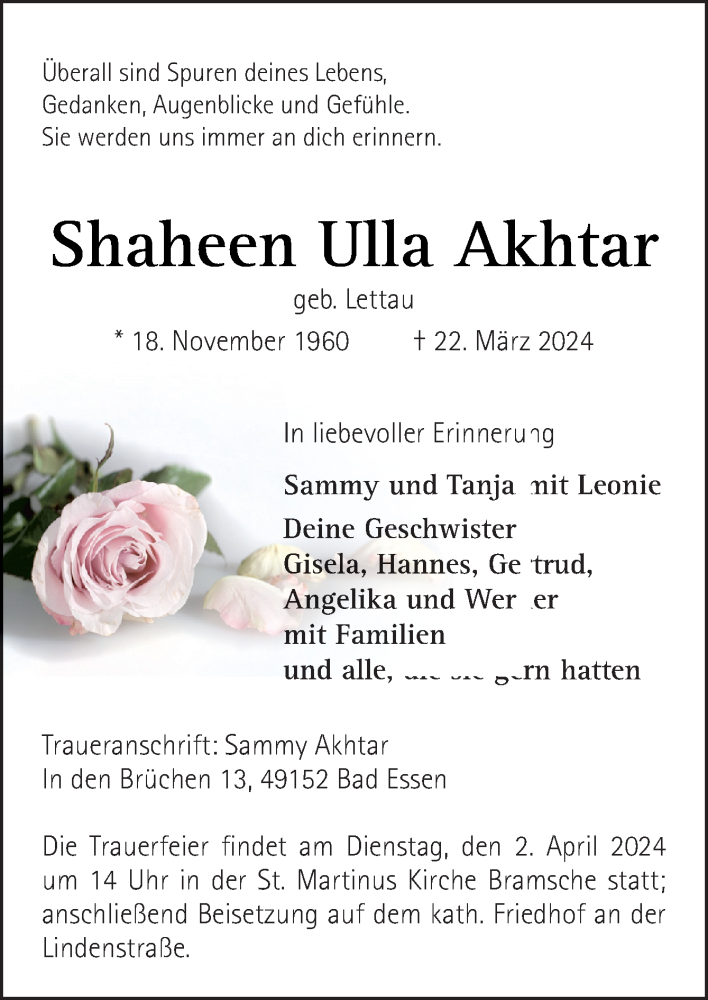  Traueranzeige für Shaheen Ulla Akhtar vom 28.03.2024 aus Neue Osnabrücker Zeitung GmbH & Co. KG