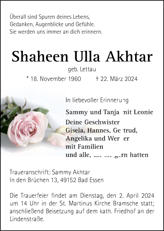 Traueranzeige von Shaheen Ulla Akhtar von Neue Osnabrücker Zeitung GmbH & Co. KG