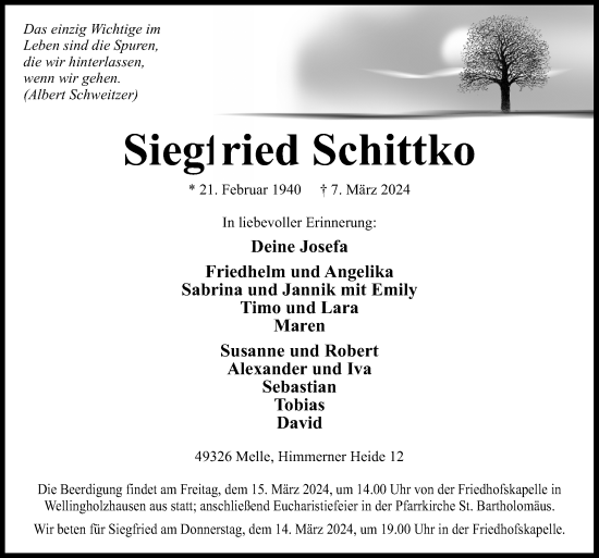 Traueranzeige von Siegfried Schittko von Neue Osnabrücker Zeitung GmbH & Co. KG