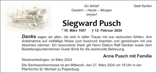 Traueranzeige von Siegward Pusch von Neue Osnabrücker Zeitung GmbH & Co. KG