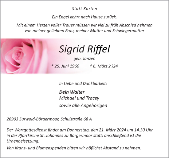 Traueranzeige von Sigrid Riffel von Neue Osnabrücker Zeitung GmbH & Co. KG