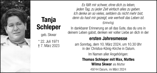 Traueranzeige von Tanja Schleper von Neue Osnabrücker Zeitung GmbH & Co. KG