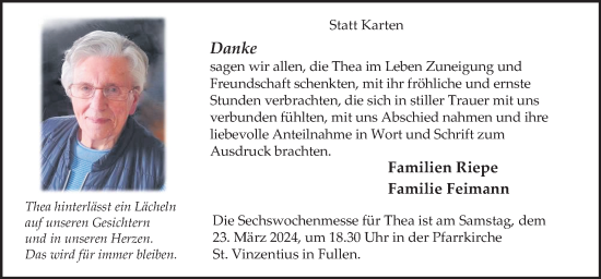 Traueranzeige von Thea Riepe von Neue Osnabrücker Zeitung GmbH & Co. KG