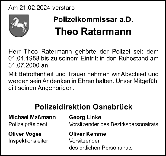 Traueranzeige von Theo Ratermann von Neue Osnabrücker Zeitung GmbH & Co. KG