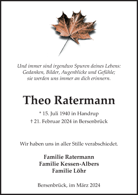 Traueranzeige von Theo Ratermann von Neue Osnabrücker Zeitung GmbH & Co. KG