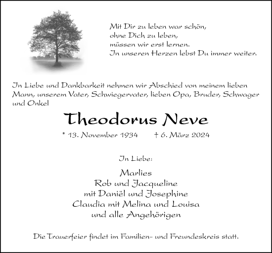 Traueranzeige von Theodorus Neve von Neue Osnabrücker Zeitung GmbH & Co. KG