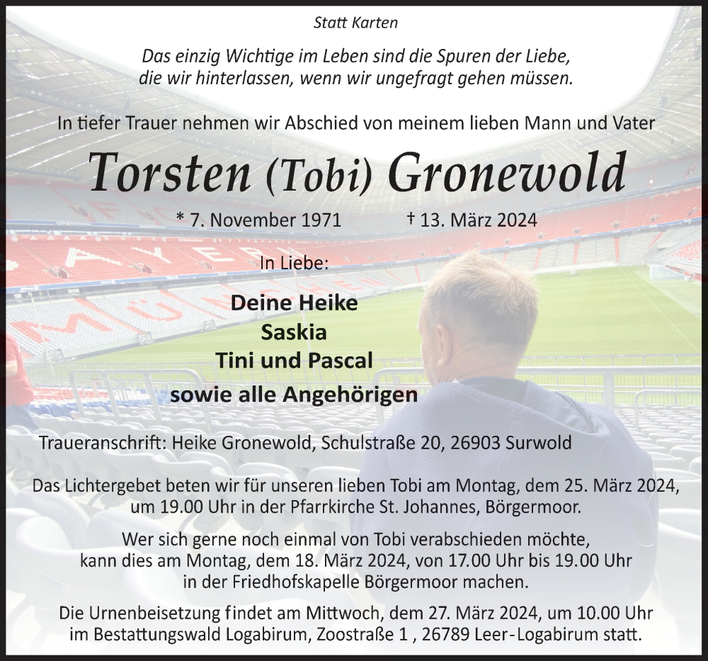 Traueranzeige für Torsten Gronewold vom 18.03.2024 aus Neue Osnabrücker Zeitung GmbH & Co. KG
