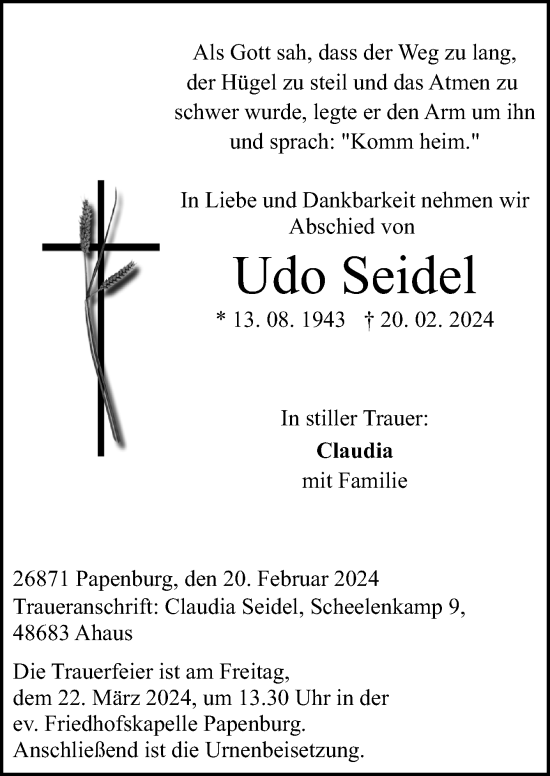 Traueranzeige von Udo Seidel von Neue Osnabrücker Zeitung GmbH & Co. KG