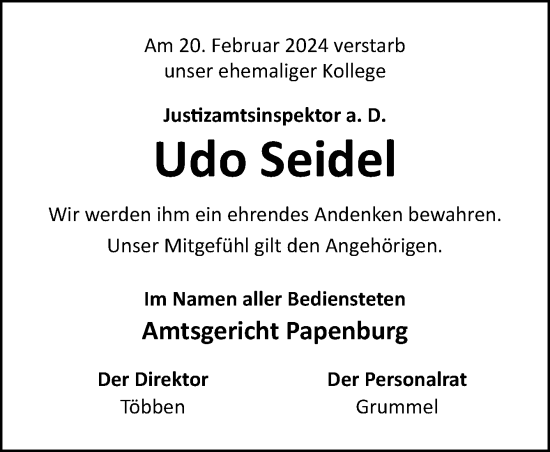 Traueranzeige von Udo Seidel von Neue Osnabrücker Zeitung GmbH & Co. KG