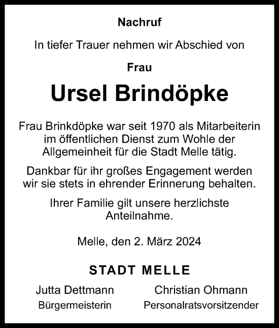 Traueranzeige von Ursel Brindöpke von Neue Osnabrücker Zeitung GmbH & Co. KG