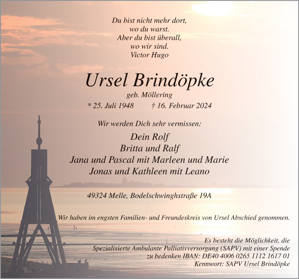  Traueranzeige für Ursel Brindöpke vom 02.03.2024 aus Neue Osnabrücker Zeitung GmbH & Co. KG