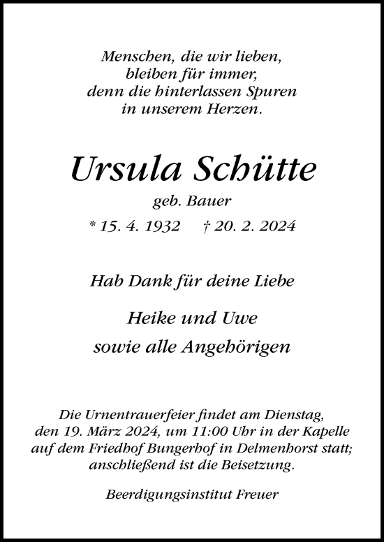 Traueranzeige von Ursula Schütte von DK Medien GmbH & Co. KG