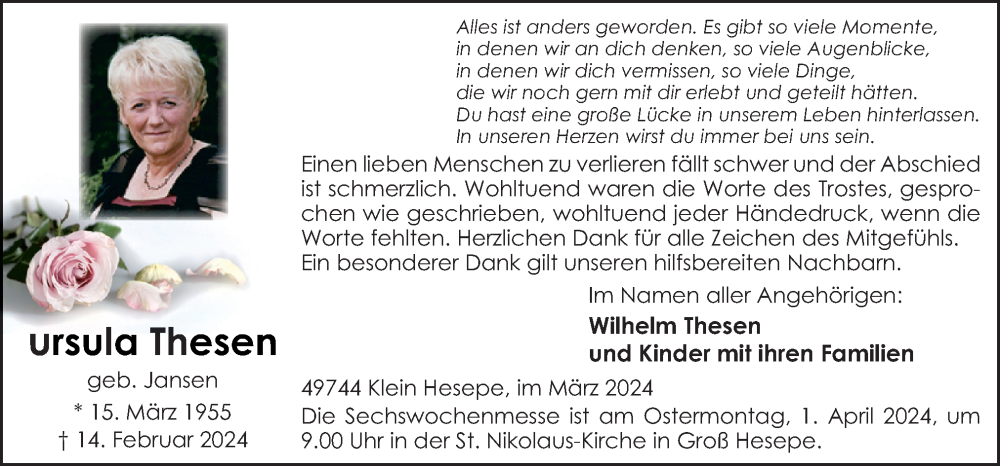  Traueranzeige für Ursula Thesen vom 27.03.2024 aus Neue Osnabrücker Zeitung GmbH & Co. KG