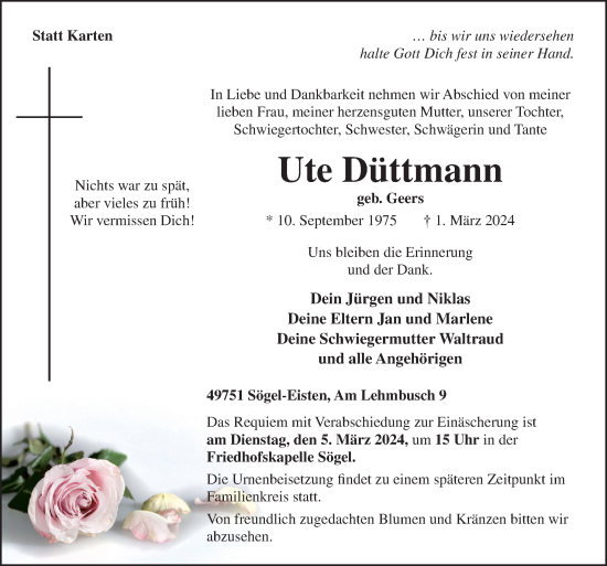 Traueranzeige von Ute Düttmann von Neue Osnabrücker Zeitung GmbH & Co. KG