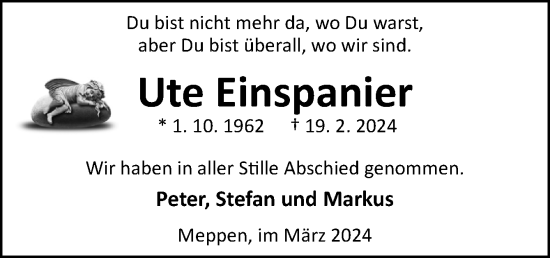Traueranzeige von Ute Einspanier von Neue Osnabrücker Zeitung GmbH & Co. KG