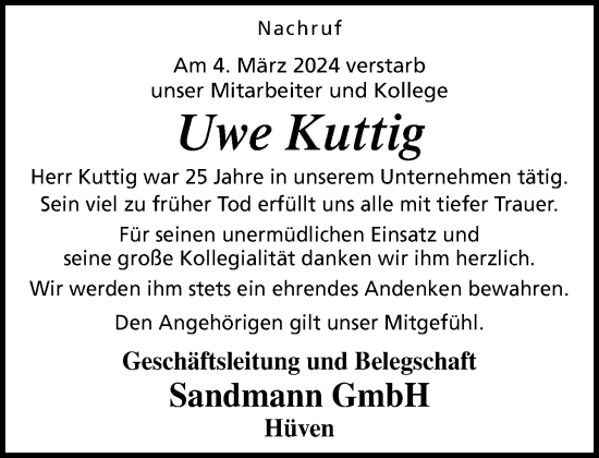 Traueranzeige von Uwe Kuttig von Neue Osnabrücker Zeitung GmbH & Co. KG