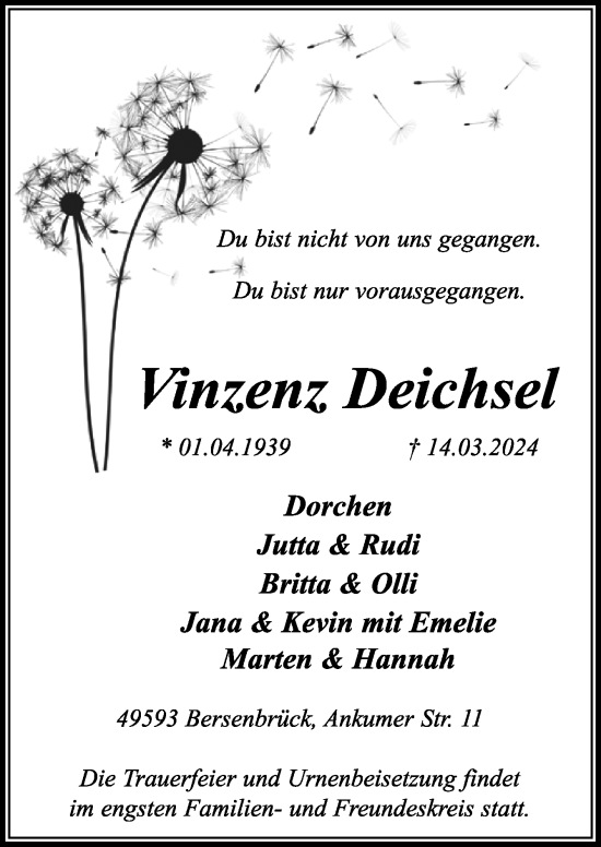 Traueranzeige von Vinzenz Deichsel von Neue Osnabrücker Zeitung GmbH & Co. KG