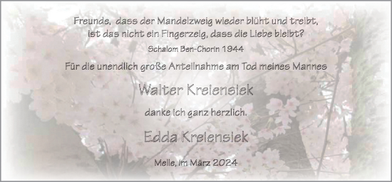 Traueranzeige von Walter Kreiensiek von Neue Osnabrücker Zeitung GmbH & Co. KG