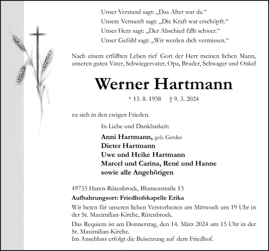 Traueranzeige von Werner Hartmann von Neue Osnabrücker Zeitung GmbH & Co. KG