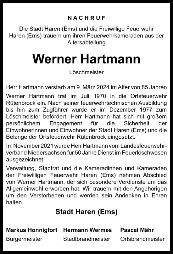 Traueranzeige von Werner Hartmann von Neue Osnabrücker Zeitung GmbH & Co. KG
