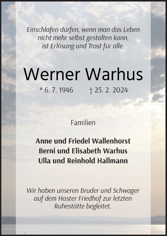 Traueranzeige von Werner Warhus von Neue Osnabrücker Zeitung GmbH & Co. KG