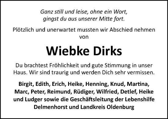 Traueranzeige von Wiebke Dirks von DK Medien GmbH & Co. KG