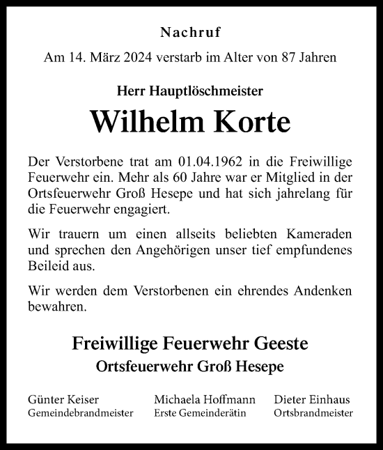 Traueranzeige von Wilhelm Korte von Neue Osnabrücker Zeitung GmbH & Co. KG