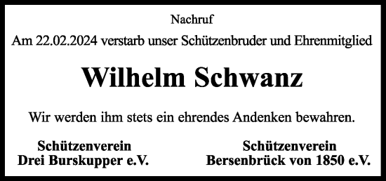 Traueranzeige von Wilhelm Schwanz von Neue Osnabrücker Zeitung GmbH & Co. KG