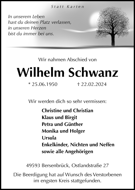 Traueranzeige von Wilhelm Schwanz von Neue Osnabrücker Zeitung GmbH & Co. KG