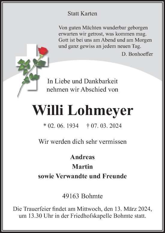 Traueranzeige von Willi Lohmeyer von Neue Osnabrücker Zeitung GmbH & Co. KG