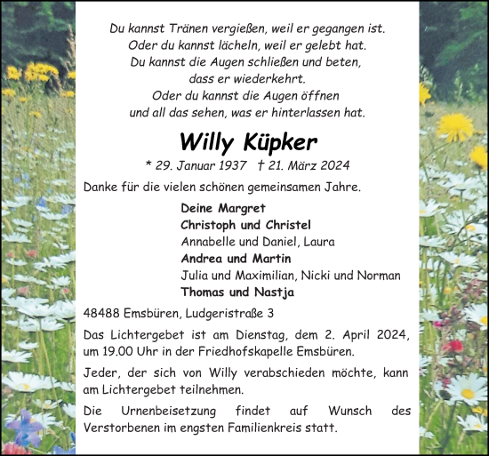 Traueranzeige von Willy Küpker von Neue Osnabrücker Zeitung GmbH & Co. KG