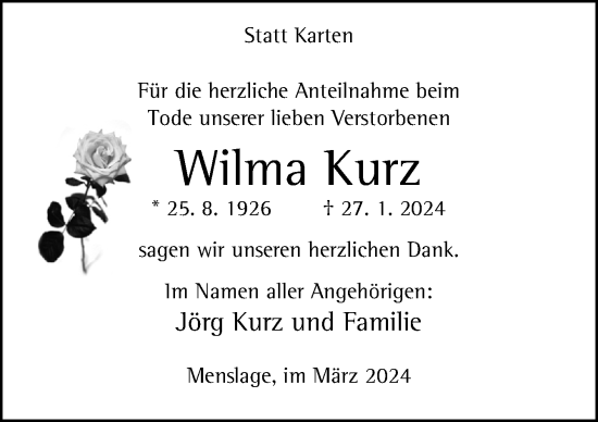 Traueranzeige von Wilma Kurz von Neue Osnabrücker Zeitung GmbH & Co. KG