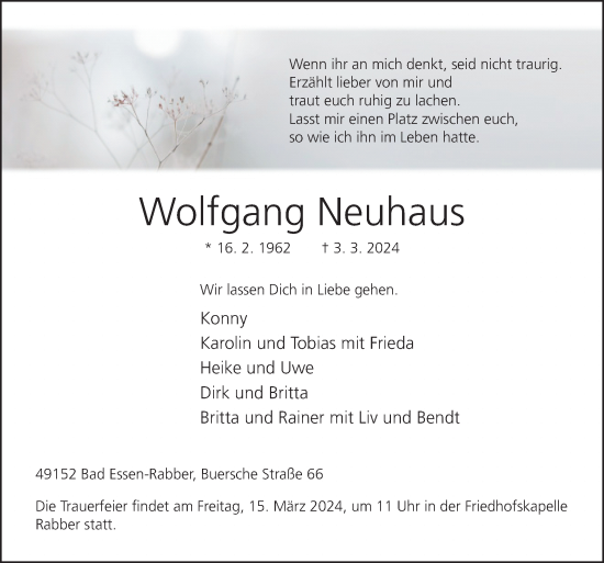 Traueranzeige von Wolfgang Neuhaus von Neue Osnabrücker Zeitung GmbH & Co. KG