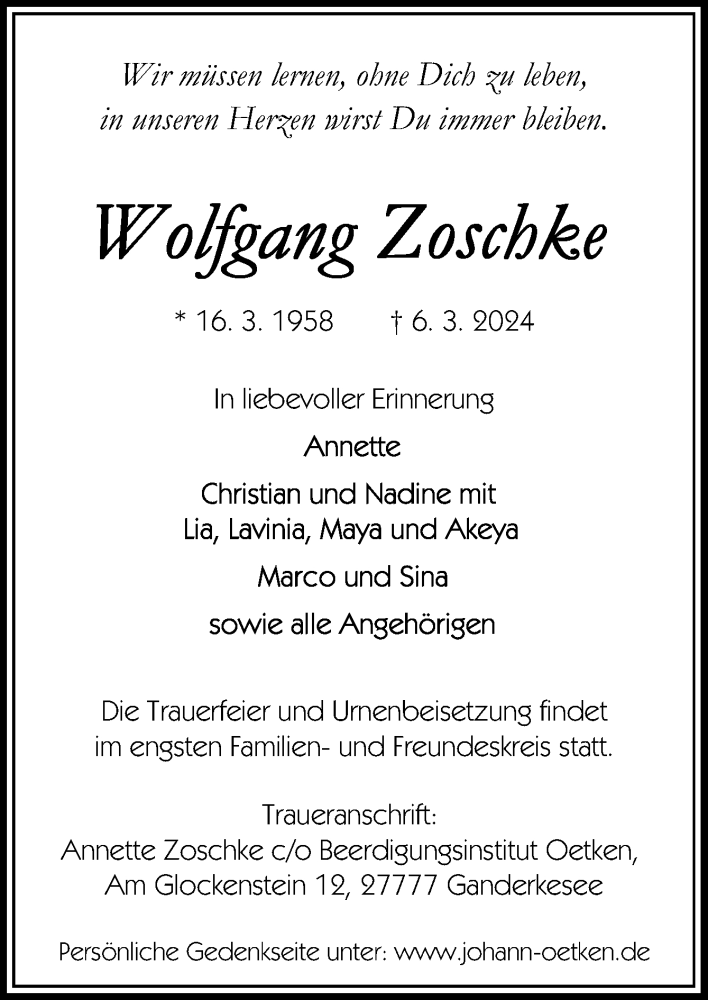  Traueranzeige für Wolfgang Zoschke vom 15.03.2024 aus DK Medien GmbH & Co. KG