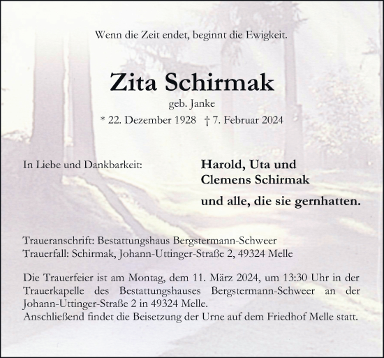 Traueranzeige von Zita Schirmak von Neue Osnabrücker Zeitung GmbH & Co. KG