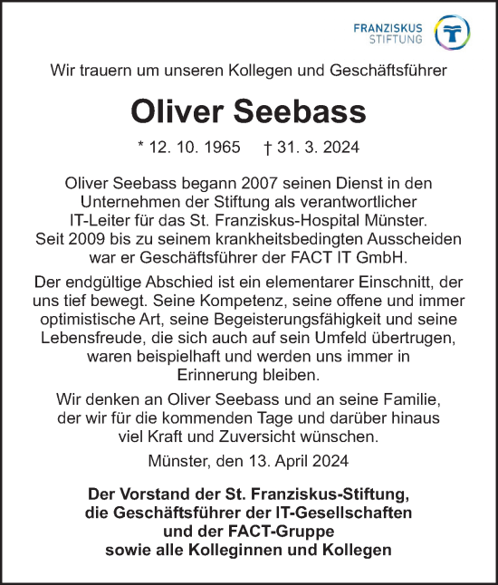 Traueranzeige von Oliver Seebass von Neue Osnabrücker Zeitung GmbH & Co. KG