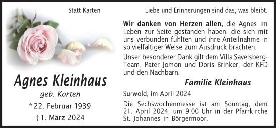 Traueranzeige von Agnes Kleinhaus von Neue Osnabrücker Zeitung GmbH & Co. KG