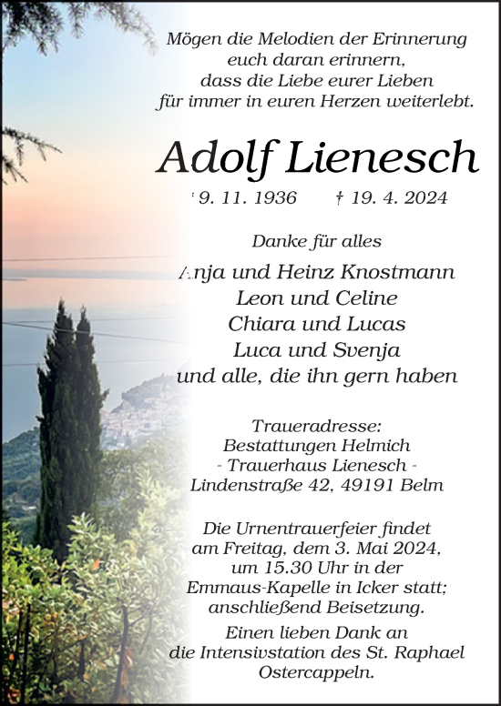 Traueranzeige von Adolf Lienesch von Neue Osnabrücker Zeitung GmbH & Co. KG