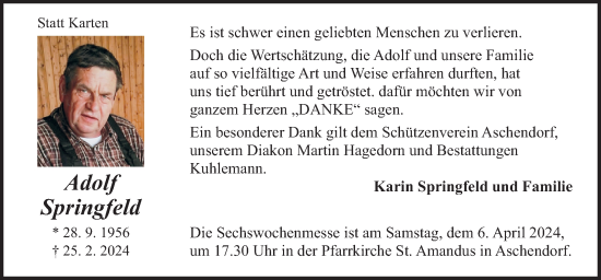 Traueranzeige von Adolf Springfeld von Neue Osnabrücker Zeitung GmbH & Co. KG