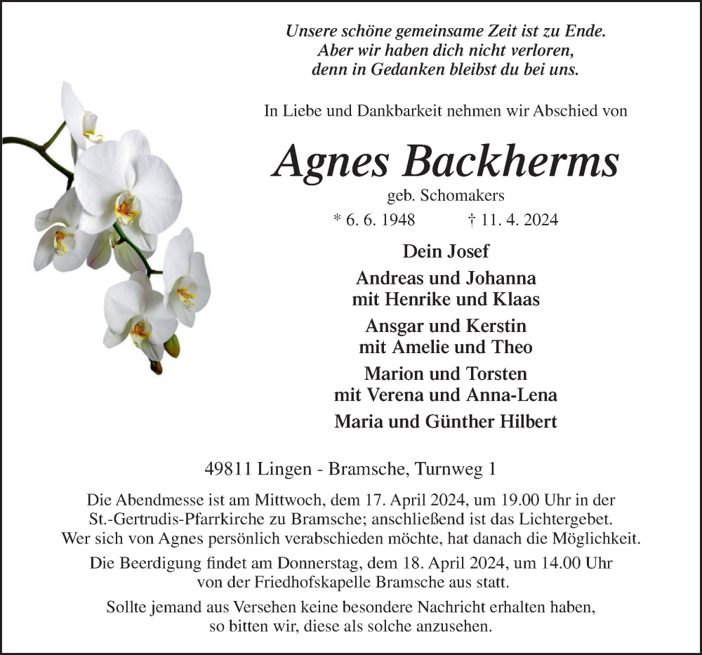  Traueranzeige für Agnes Backherms vom 15.04.2024 aus Neue Osnabrücker Zeitung GmbH & Co. KG