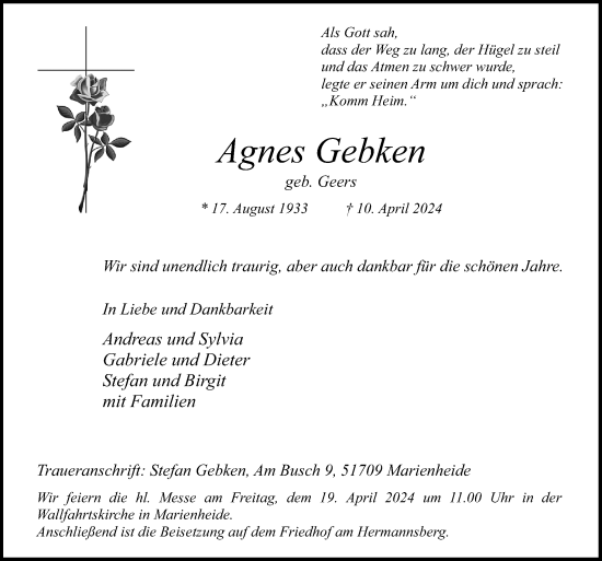 Traueranzeige von Agnes Gebken von Neue Osnabrücker Zeitung GmbH & Co. KG