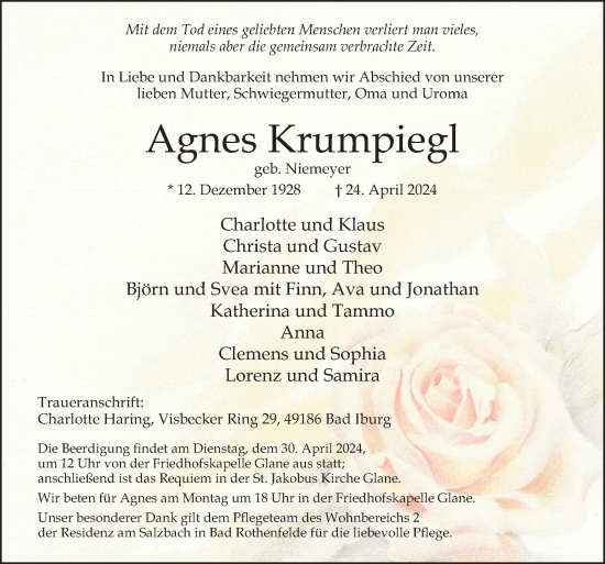Traueranzeige von Agnes Krumpiegl von Neue Osnabrücker Zeitung GmbH &amp; Co. KG